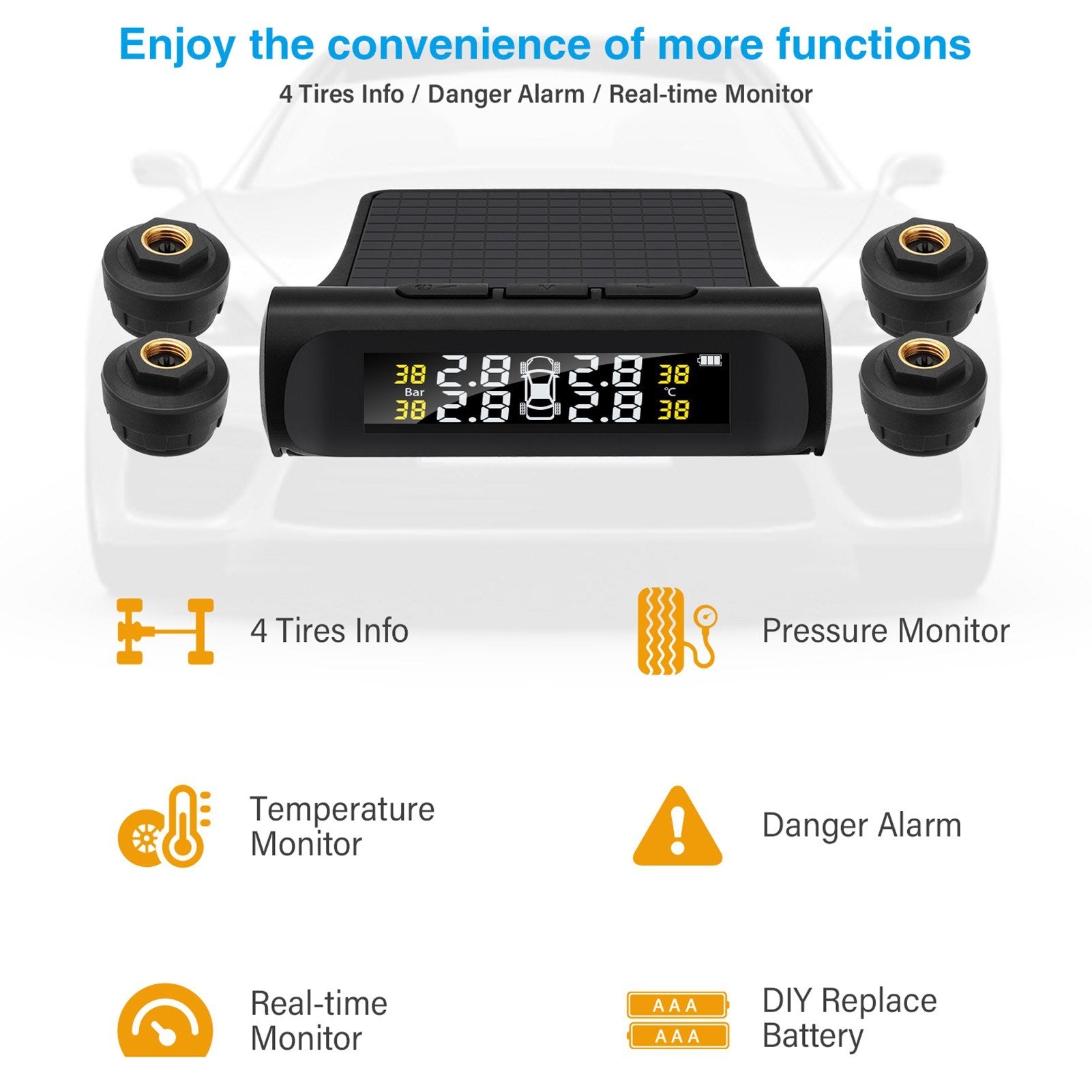 Car TPMS Tire Pressure Monitoring System Wireless Alarm 4 External Sensors