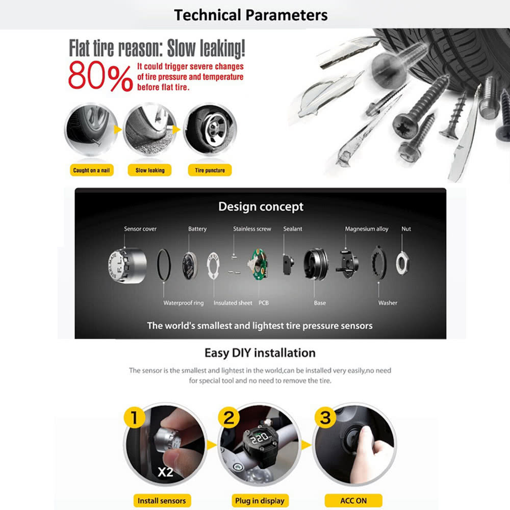 DIY TPMS for Motorcycle Tire Pressure Monitoring System with Waterproof External Sensor Wireless LCD Display