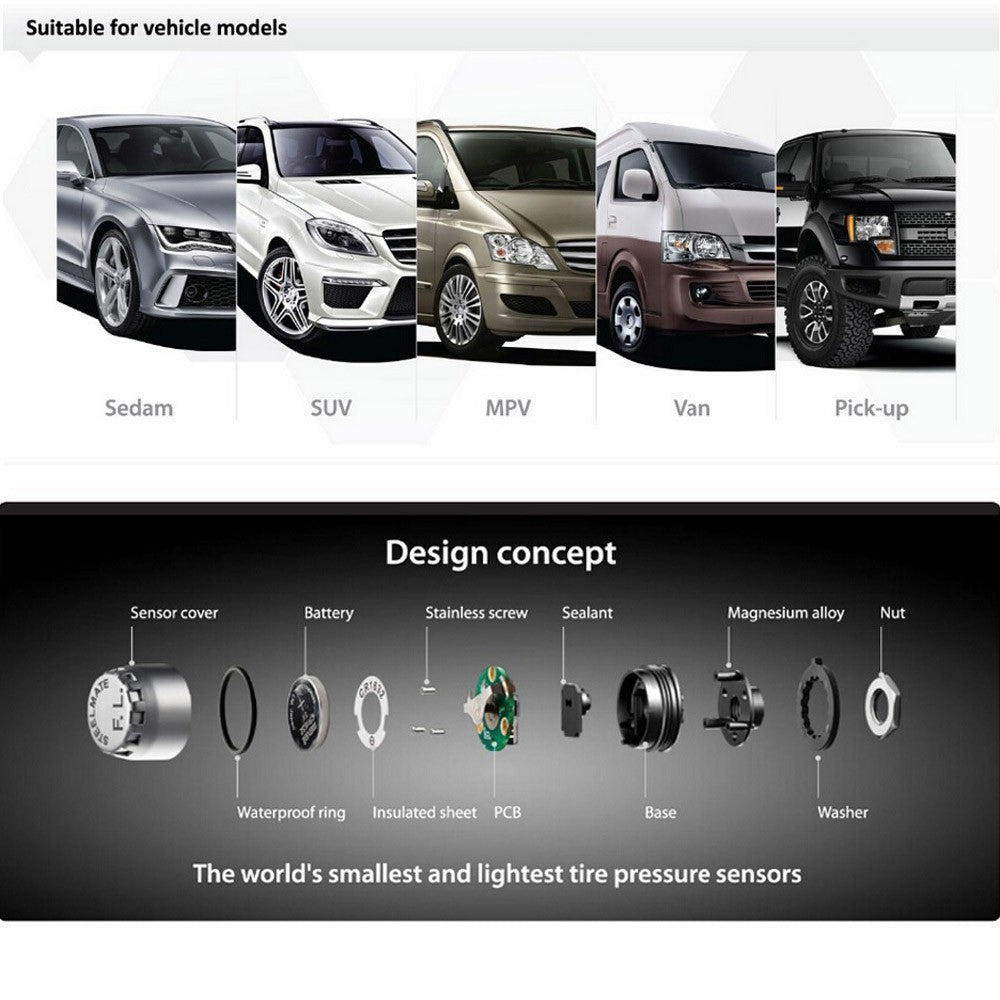 Wireless TPMS Tire Pressure Monitoring System with Adjustable LCD Display Cigarette Plug Diverter 4 External Sensors