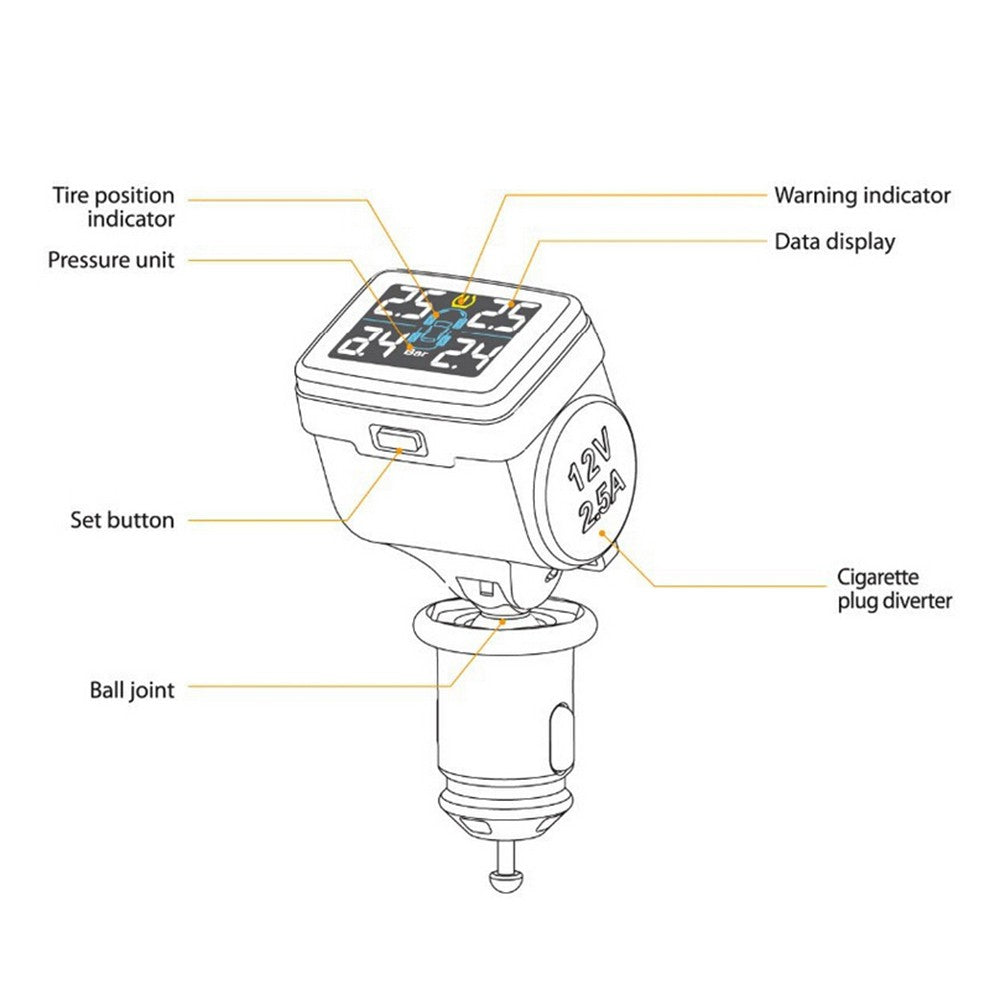 Wireless TPMS Tire Pressure Monitoring System with Adjustable LCD Display Cigarette Plug Diverter 4 External Sensors