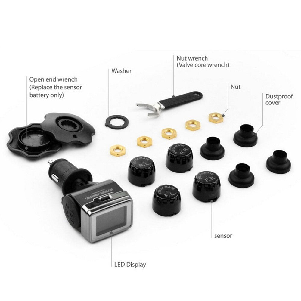 Wireless TPMS Tire Pressure Monitoring System with Adjustable LCD Display Cigarette Plug Diverter 4 External Sensors