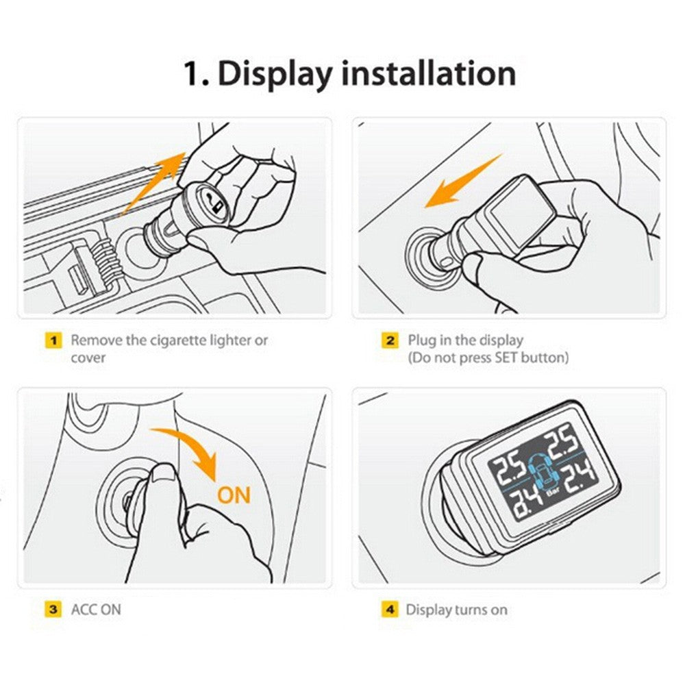 Wireless TPMS Tire Pressure Monitoring System with Adjustable LCD Display Cigarette Plug Diverter 4 External Sensors