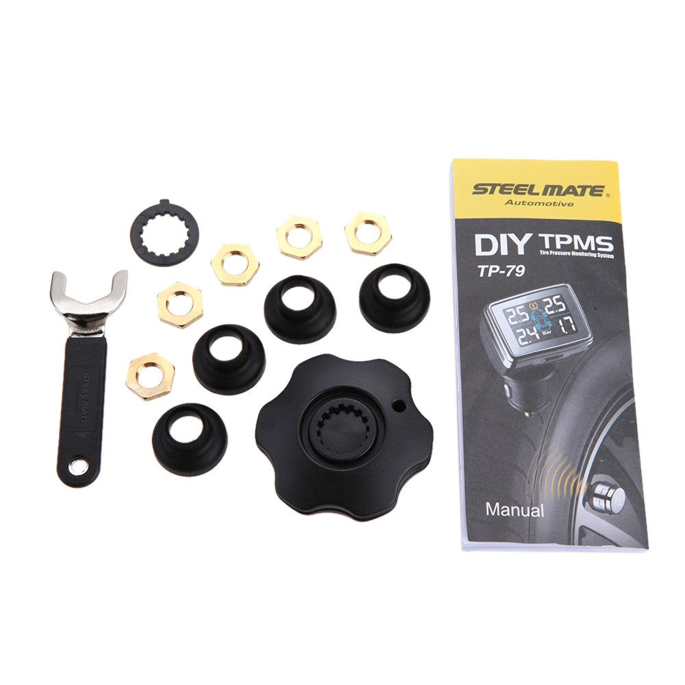 Wireless TPMS Tire Pressure Monitoring System with Adjustable LCD Display Cigarette Plug Diverter 4 External Sensors