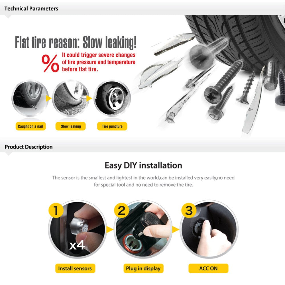 TPMS TP-76 Tire Pressure Monitoring System LED Cigarette Lighter External Sensors