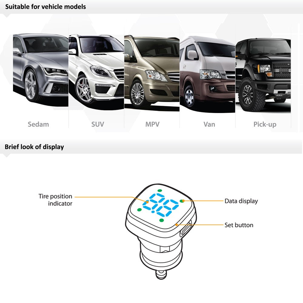 TPMS TP-76 Tire Pressure Monitoring System LED Cigarette Lighter External Sensors