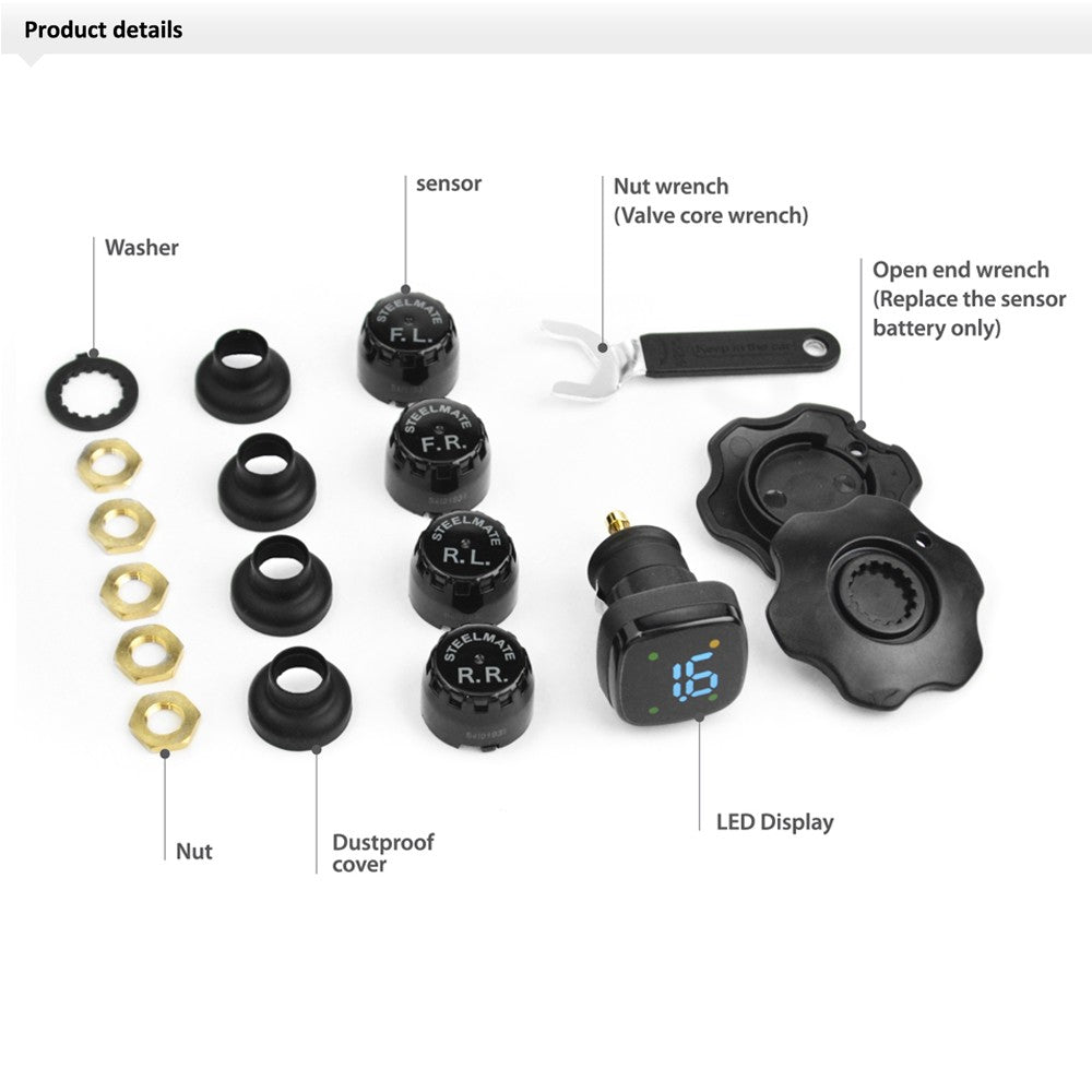 TPMS TP-76 Tire Pressure Monitoring System LED Cigarette Lighter External Sensors