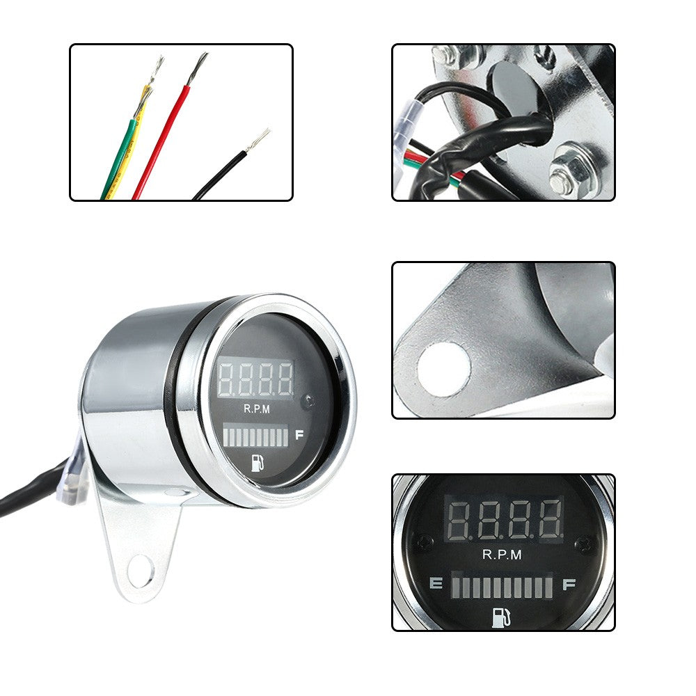 12V Motorcycle 2 in 1 Tachometer RPM Shift Meter Fuel Gauge with Digital LED Indicator