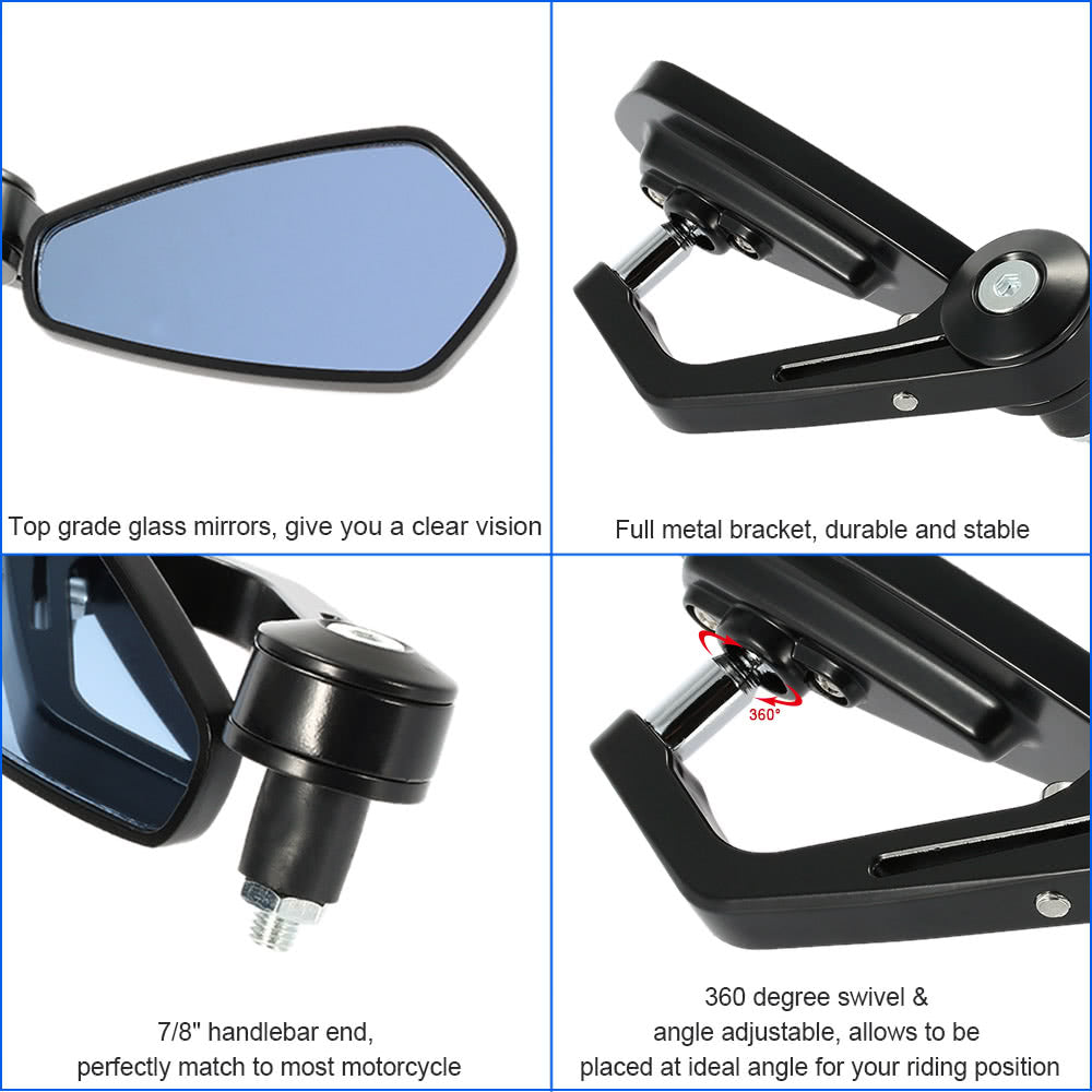 Pair of Motorcycle End Bar Rearview Mirror Universal 7/8" Handle 360°Swivel & Angle Adjustable