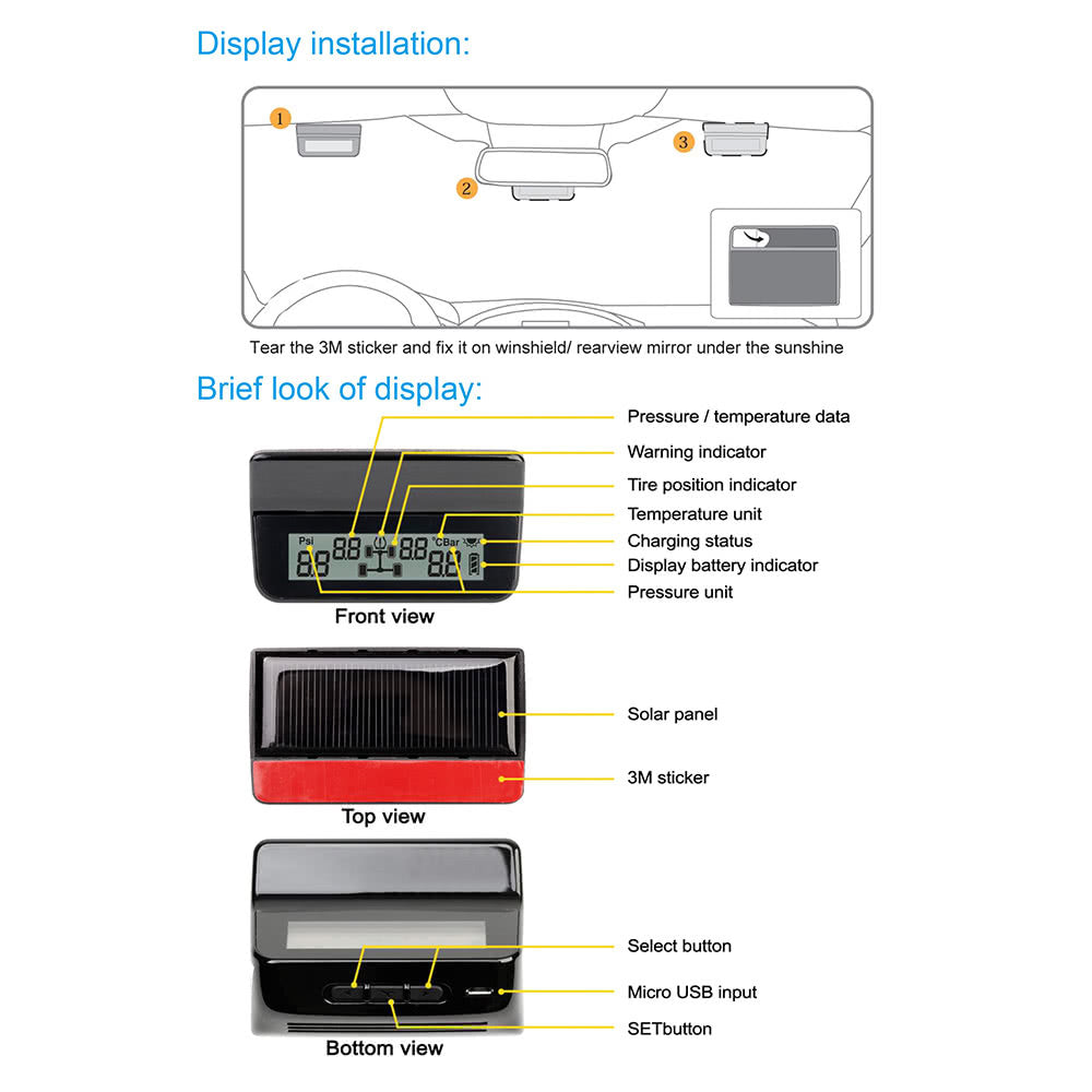 DIY TPMS Car Tire Pressure Monitoring System with LCD Display 4 Valve-cap Sensors Bar PSI Unit