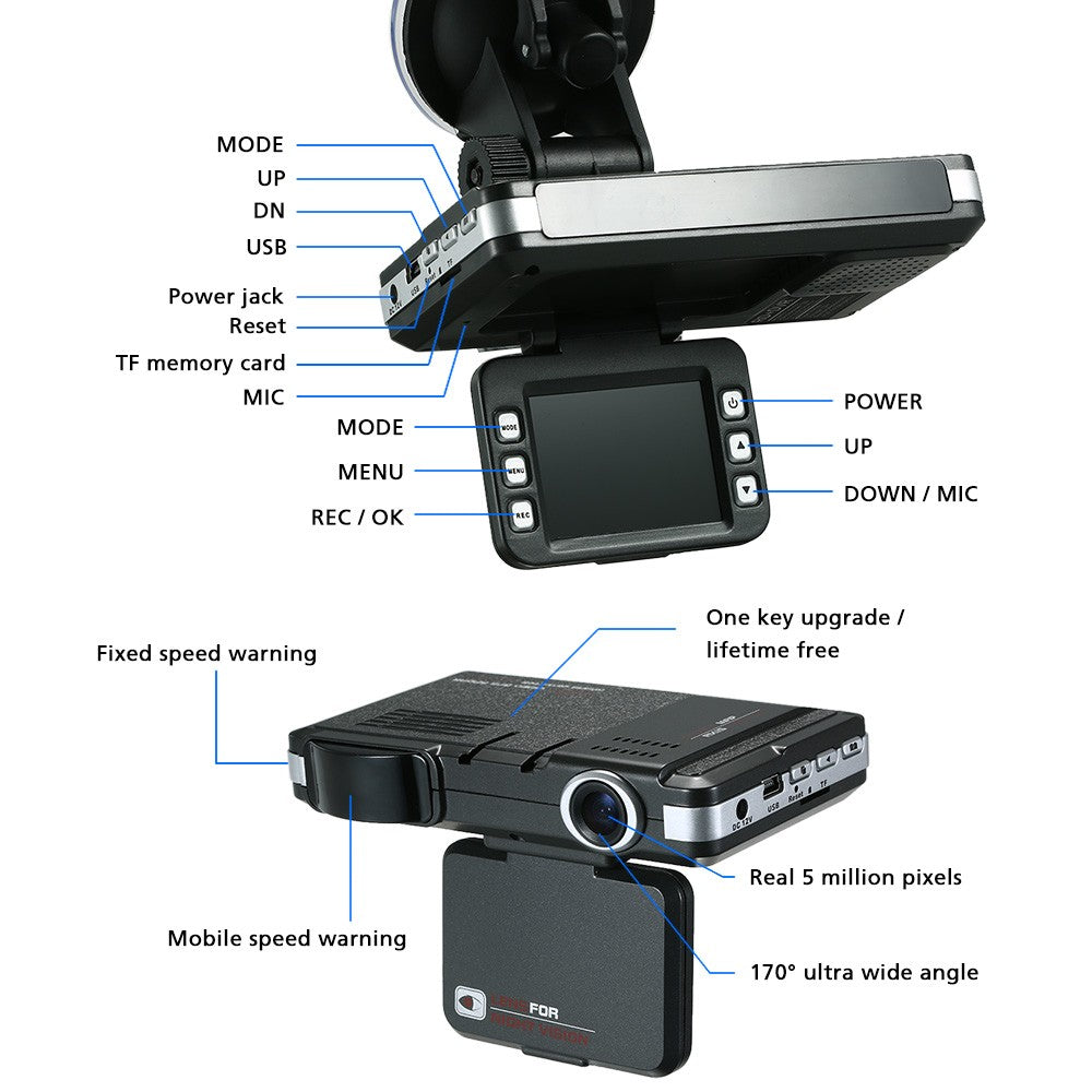 Anti Radar Detector Car DVR 2 in 1 720P Dash Cam Speed with Full Band Mute Button Loop Recording G-Sensor