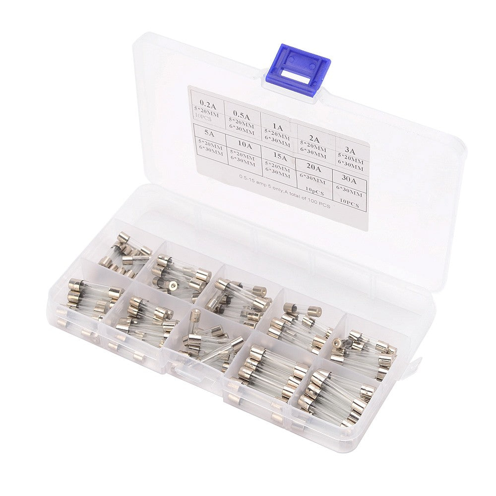 Fast-blow Car Glass Fuses Tube Assorted Kit 100Pcs