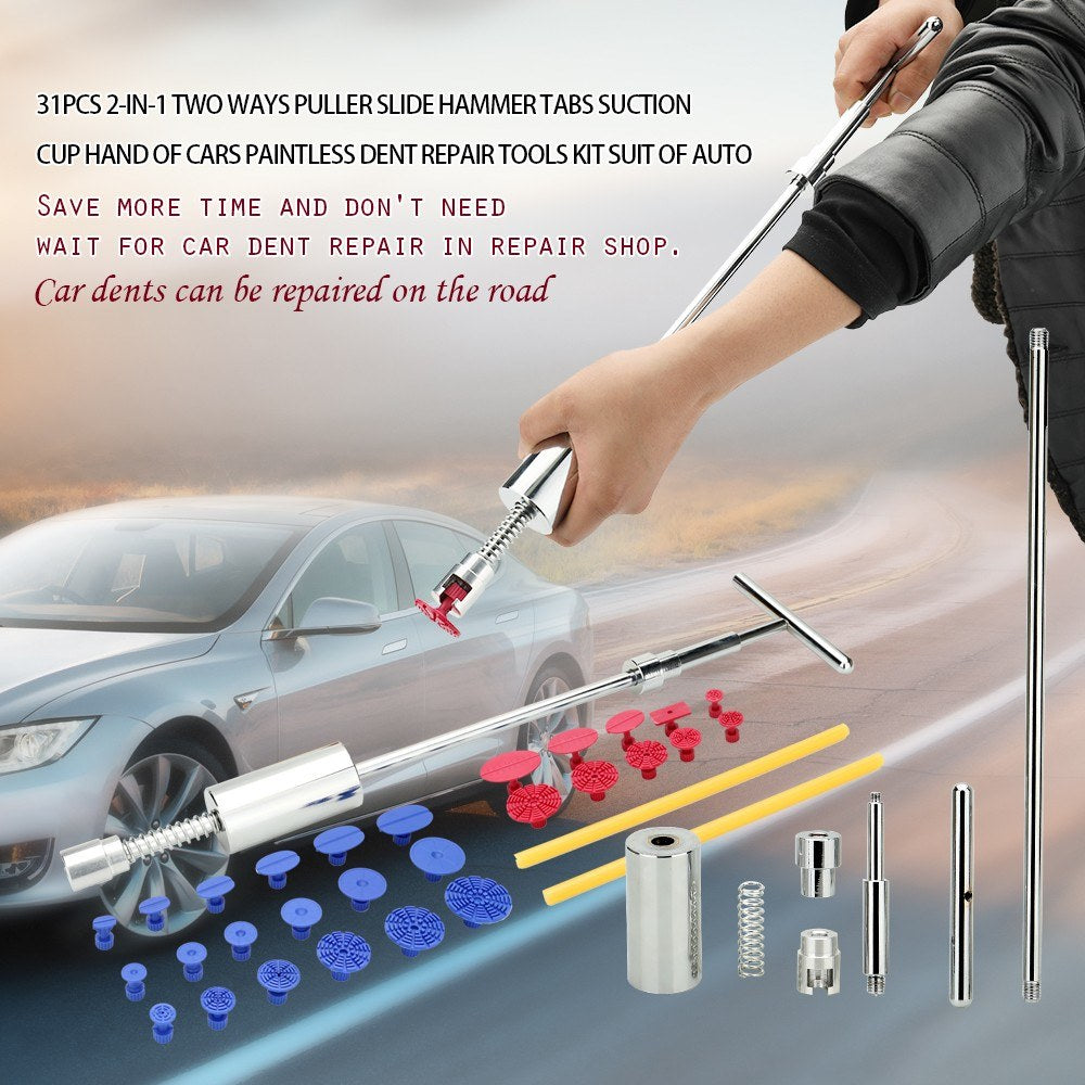 31pcs 2-in-1 Two Ways Puller Slide Hammer Tabs Suction Cup Hand of Cars Paintless Dent Repair Tools