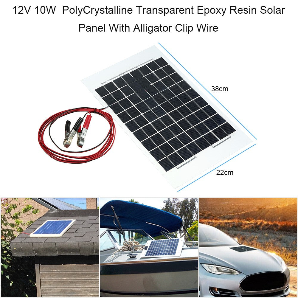 Transparent Epoxy Resin Solar Panel With Alligator Clip Wire 12V 10W 38 X 22 CM