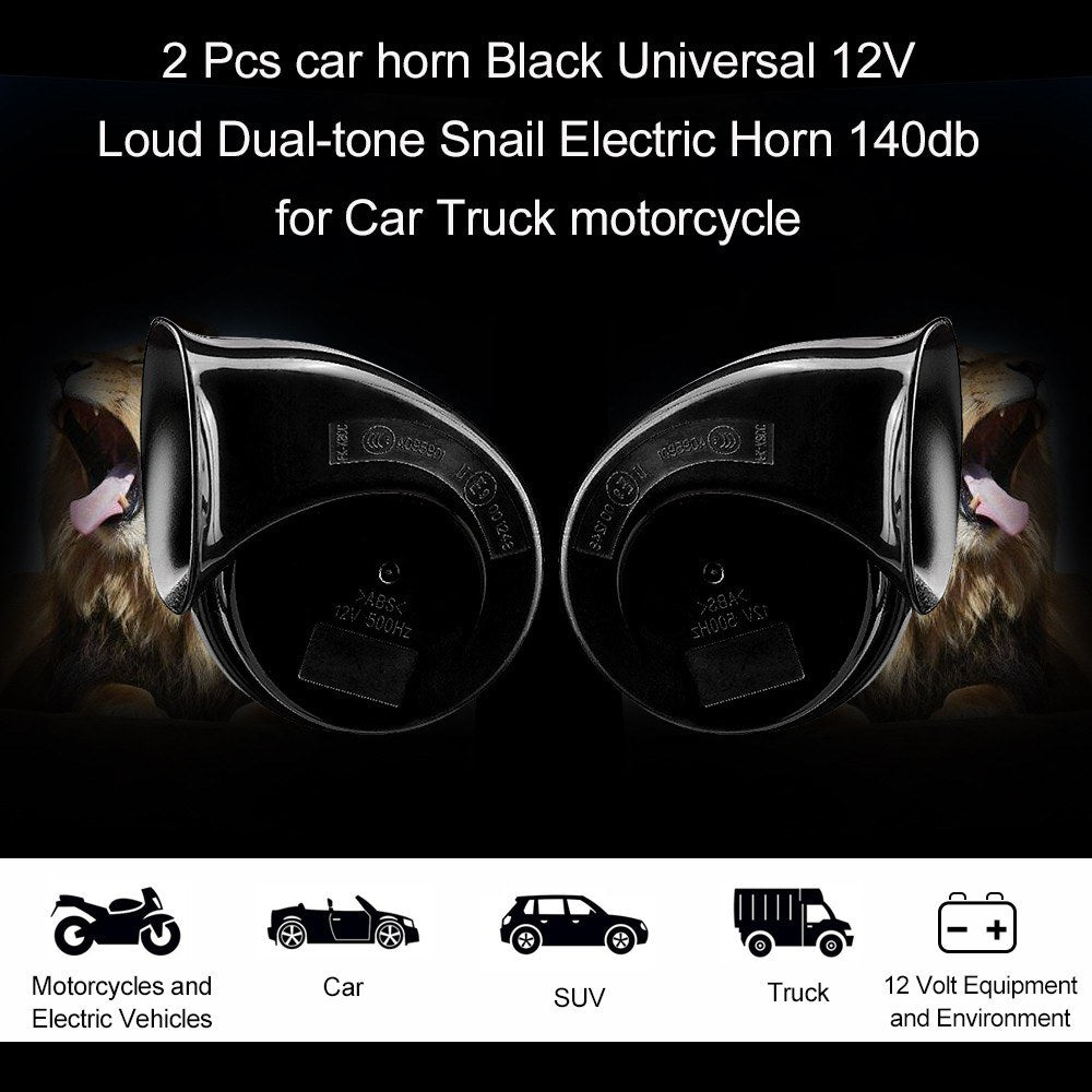 2 Pcs Car Horn Black Universal 12v Loud Dual-tone Snail Electric 140db for Truck Motorcycle