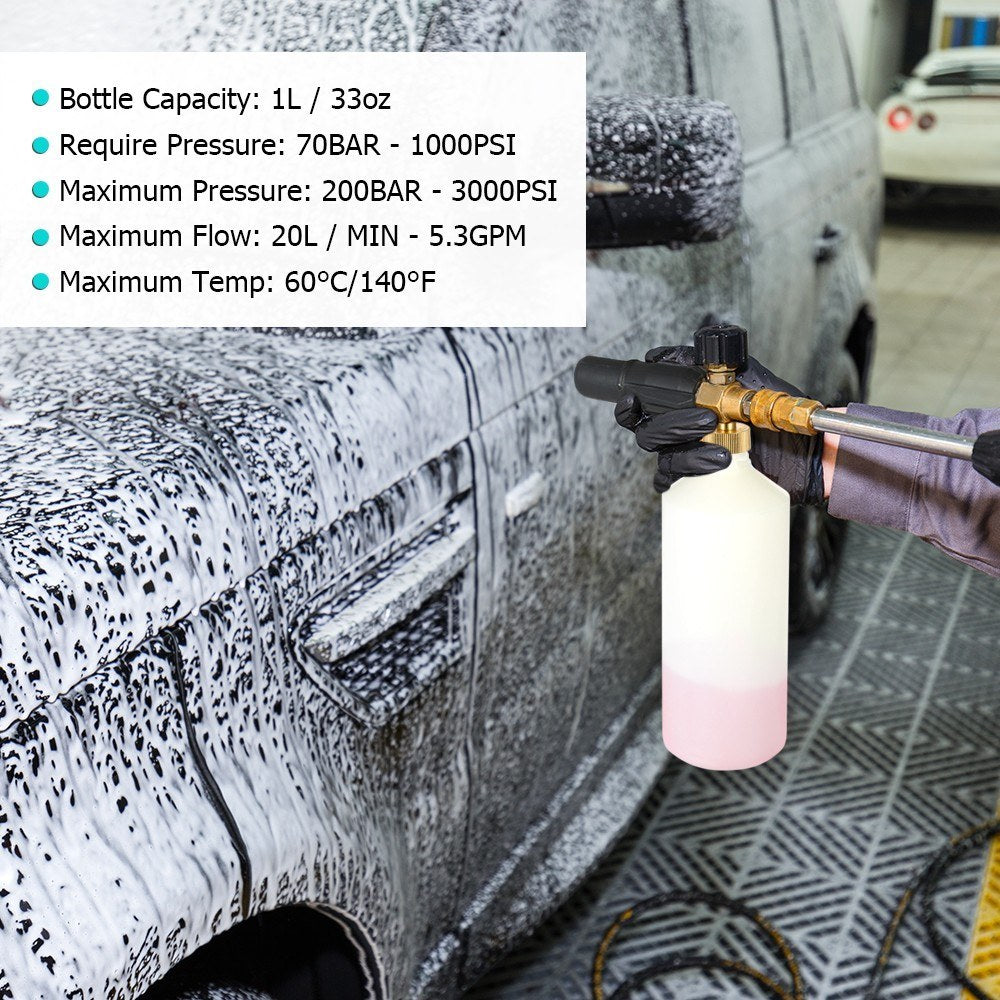Adjustable Car Wash Watering Can 1L with HDPE and Brass Soap Foam Pressure Washer Spray Cone Bottle