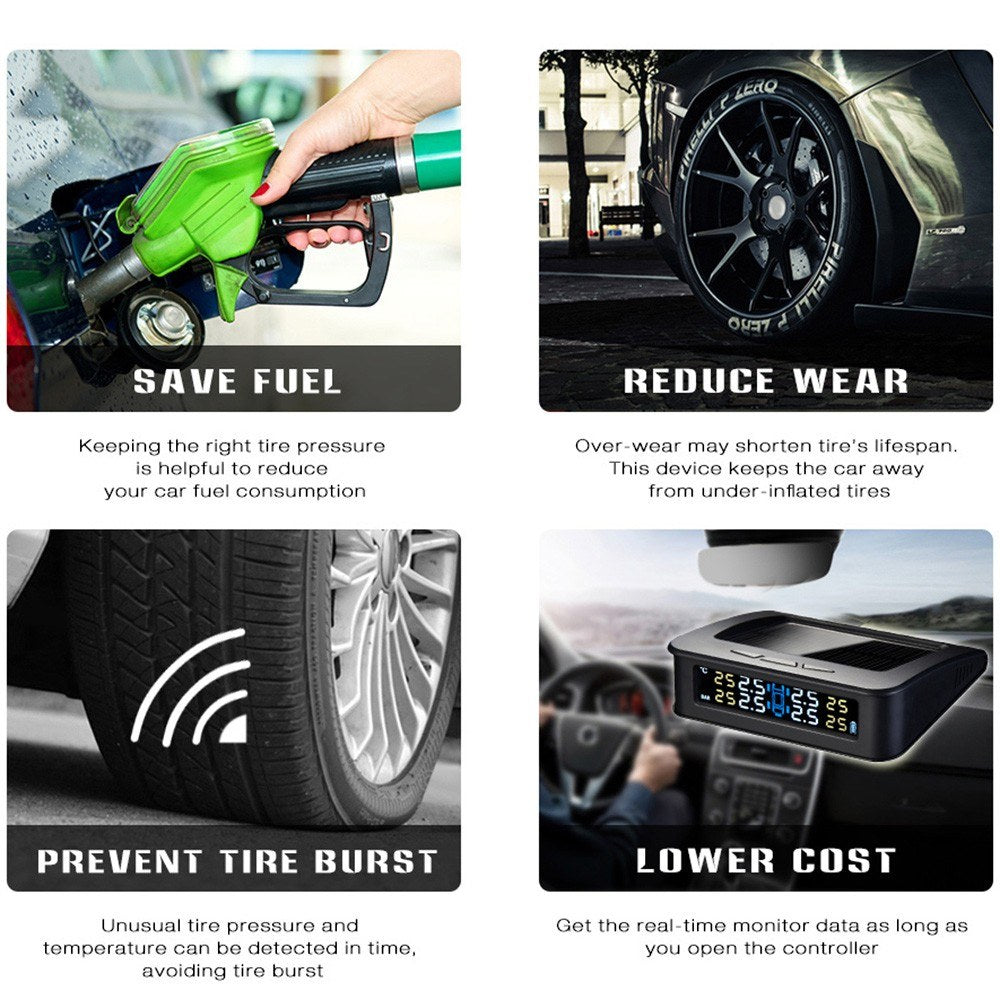 Tire Pressure Sensor Monitor System Wireless Solar Powered TPMS LCD Display with 4 Internal Sensors