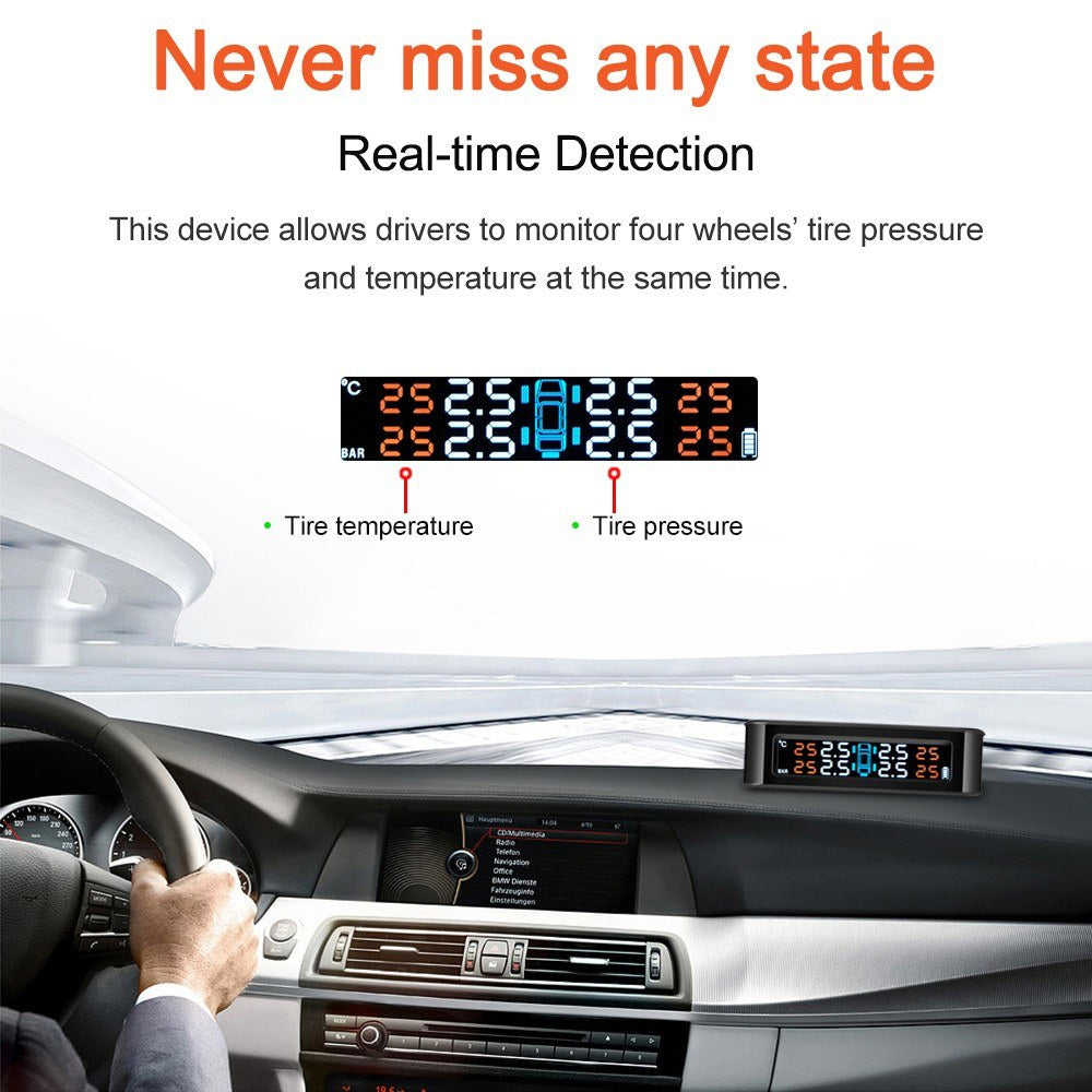 Tire Pressure Sensor Monitor System Wireless Solar Powered TPMS LCD Display with 4 Internal Sensors