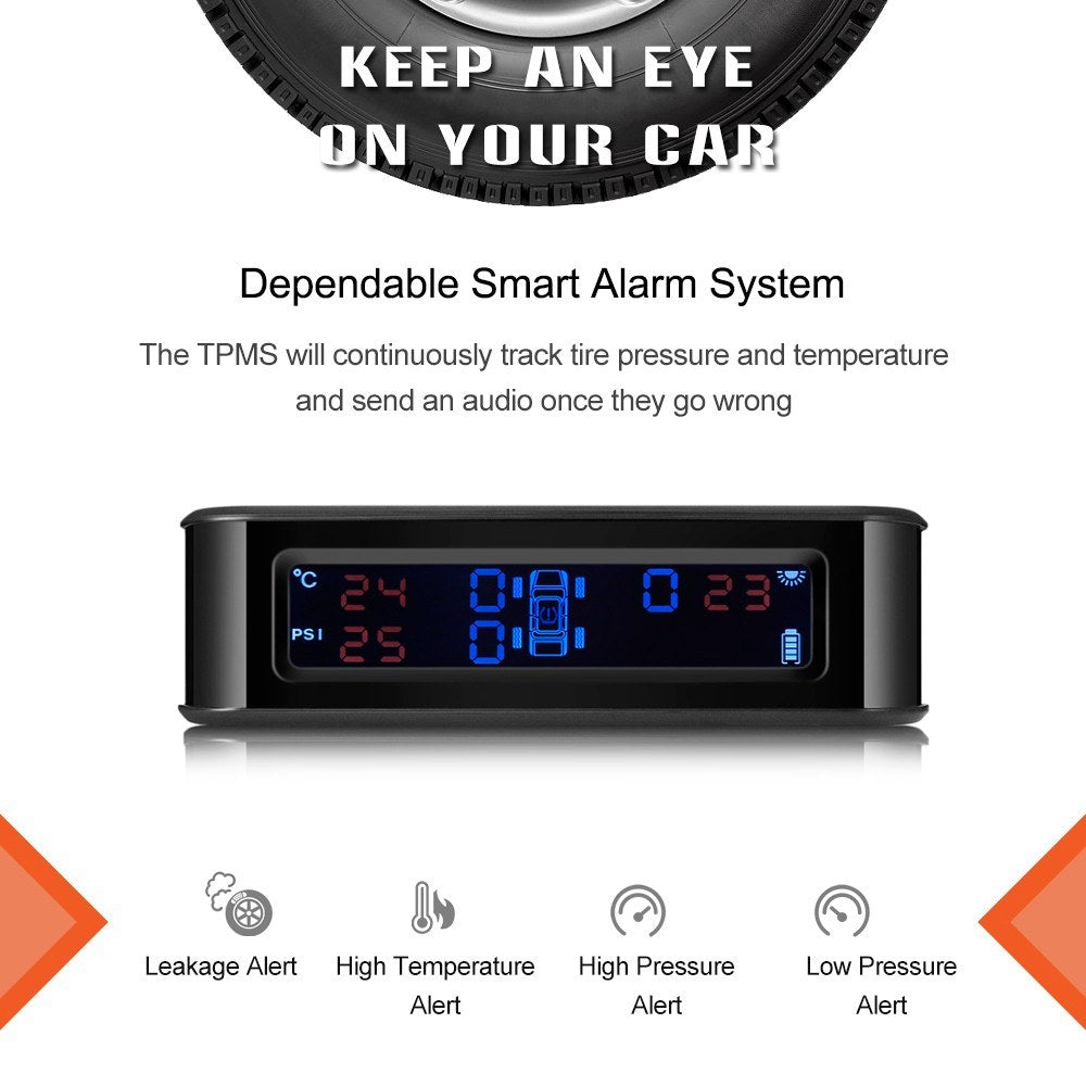 Tire Pressure Sensor Monitor System Wireless Solar Powered TPMS LCD Display with 4 Internal Sensors