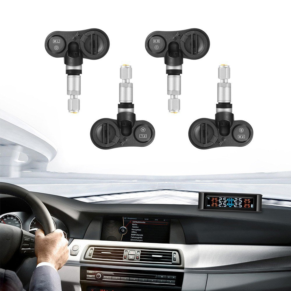 Tire Pressure Sensor Monitor System Wireless Solar Powered TPMS LCD Display with 4 Internal Sensors