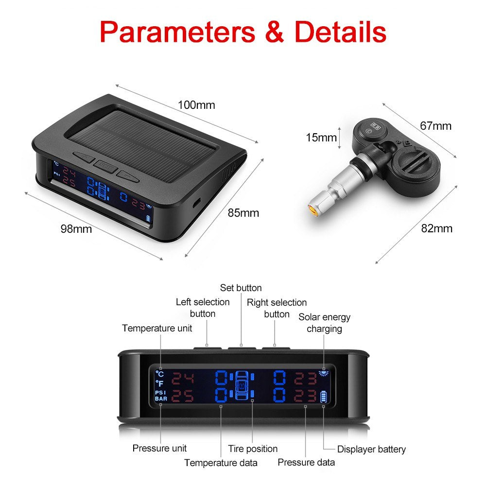 Tire Pressure Sensor Monitor System Wireless Solar Powered TPMS LCD Display with 4 Internal Sensors