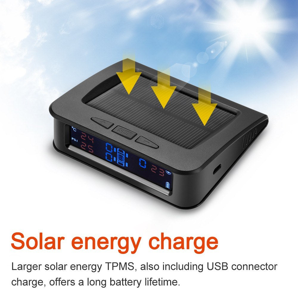 Tire Pressure Sensor Monitor System Wireless Solar Powered TPMS LCD Display with 4 Internal Sensors