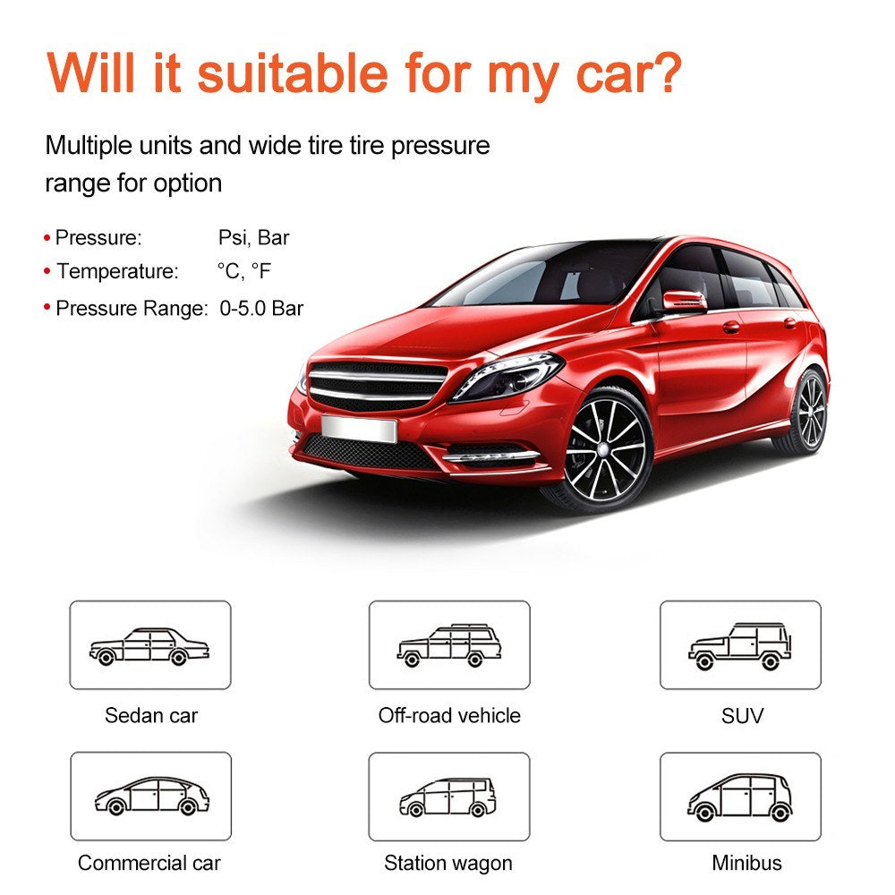 Tire Pressure Sensor Monitor System Wireless Solar Powered TPMS LCD Display with 4 Internal Sensors