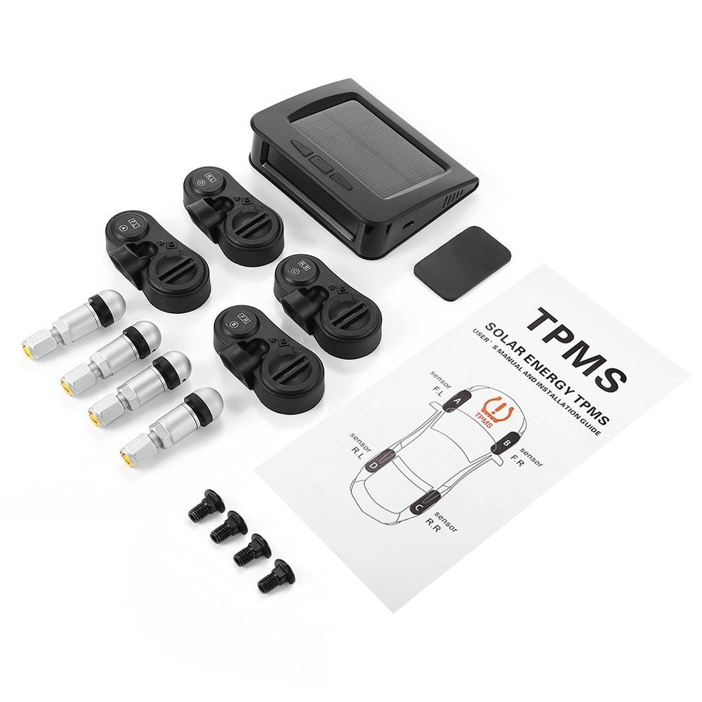 Tire Pressure Sensor Monitor System Wireless Solar Powered TPMS LCD Display with 4 Internal Sensors
