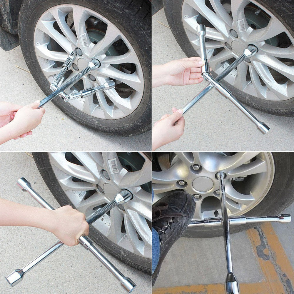4 Way Wheel Cross Wrench Folding Car Tyre Repair Tools 17 19 21 23mm