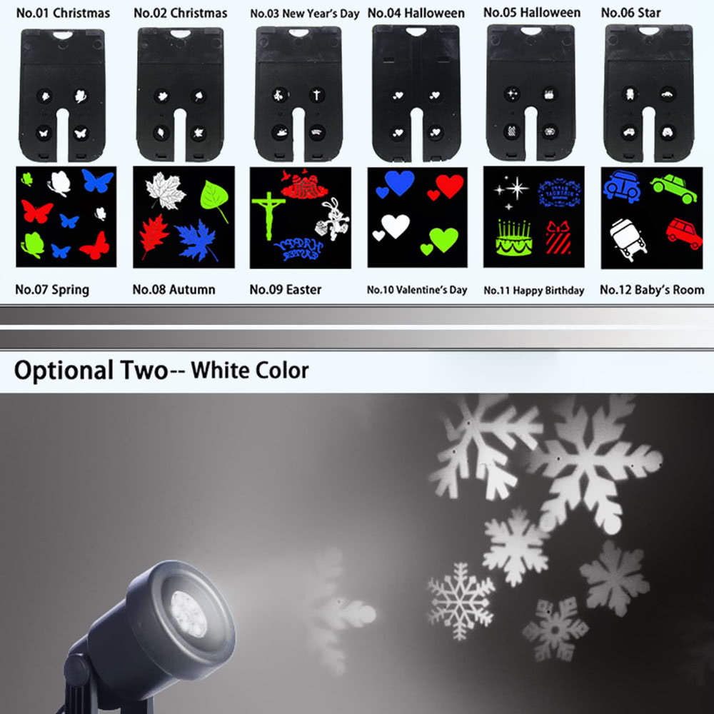 Projector Light 12Pcs Pattern Spotlight Romantic RGBW Snowflake/Love Film Rotating Garden Lamp