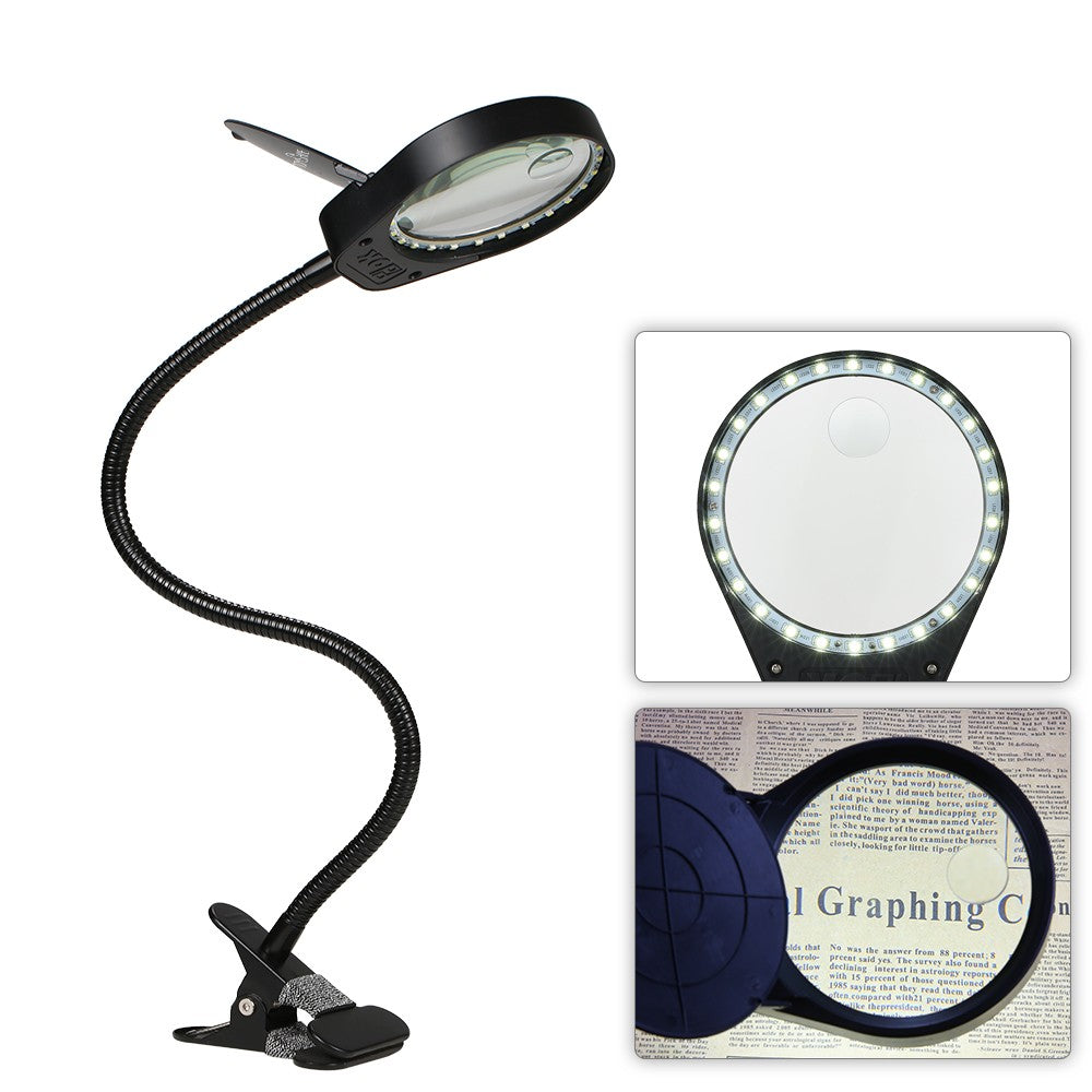 LED 3X/10X Magnifier Glass with Clamp Clip Table Light