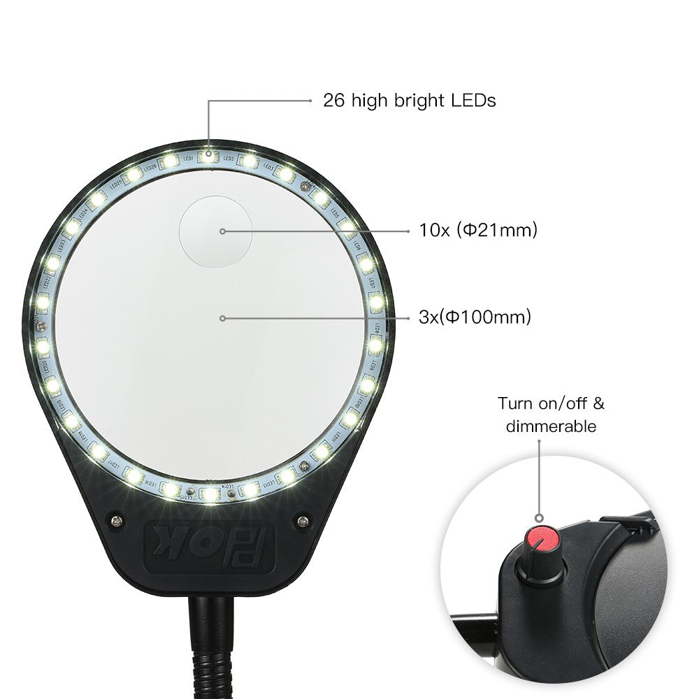 LED 3X/10X Magnifier Glass with Clamp Clip Table Light