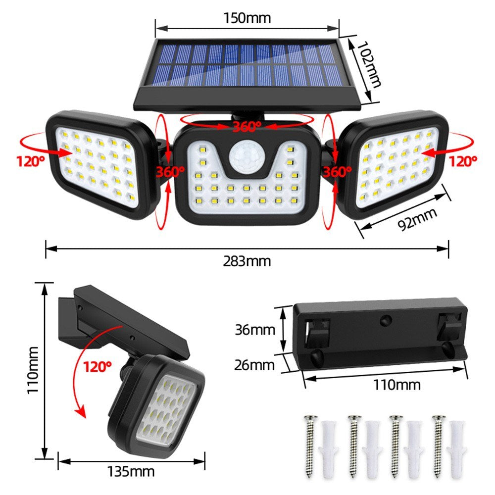 Solar 3 Heads Rotatable Slit Garden Lamp Motion Sensor Wall Mounted Waterproof Night Light 74 LED
