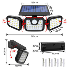 Solar 3 Heads Rotatable Slit Garden Lamp Motion Sensor Wall Mounted Waterproof Night Light 74 LED