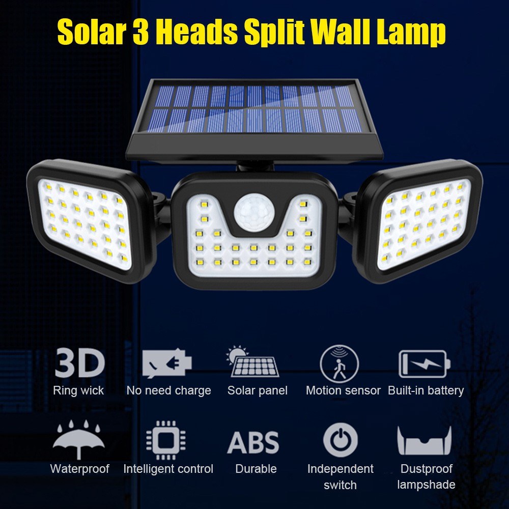 Solar 3 Heads Rotatable Slit Garden Lamp Motion Sensor Wall Mounted Waterproof Night Light 74 LED