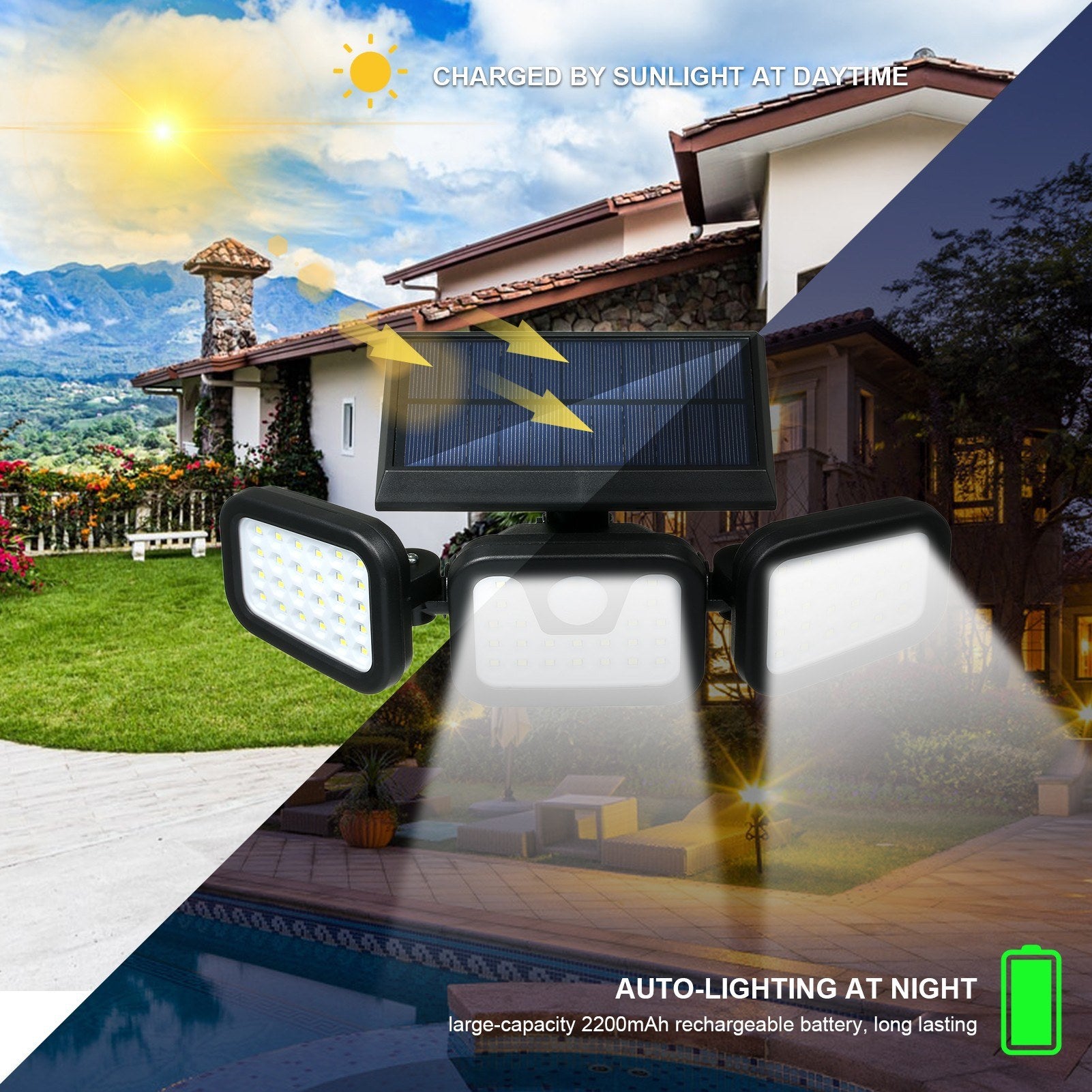 Solar Powered Wall Light PIR Motion Sensor 3 Lighting Modes Foldable 3 Heads Flood Lamp