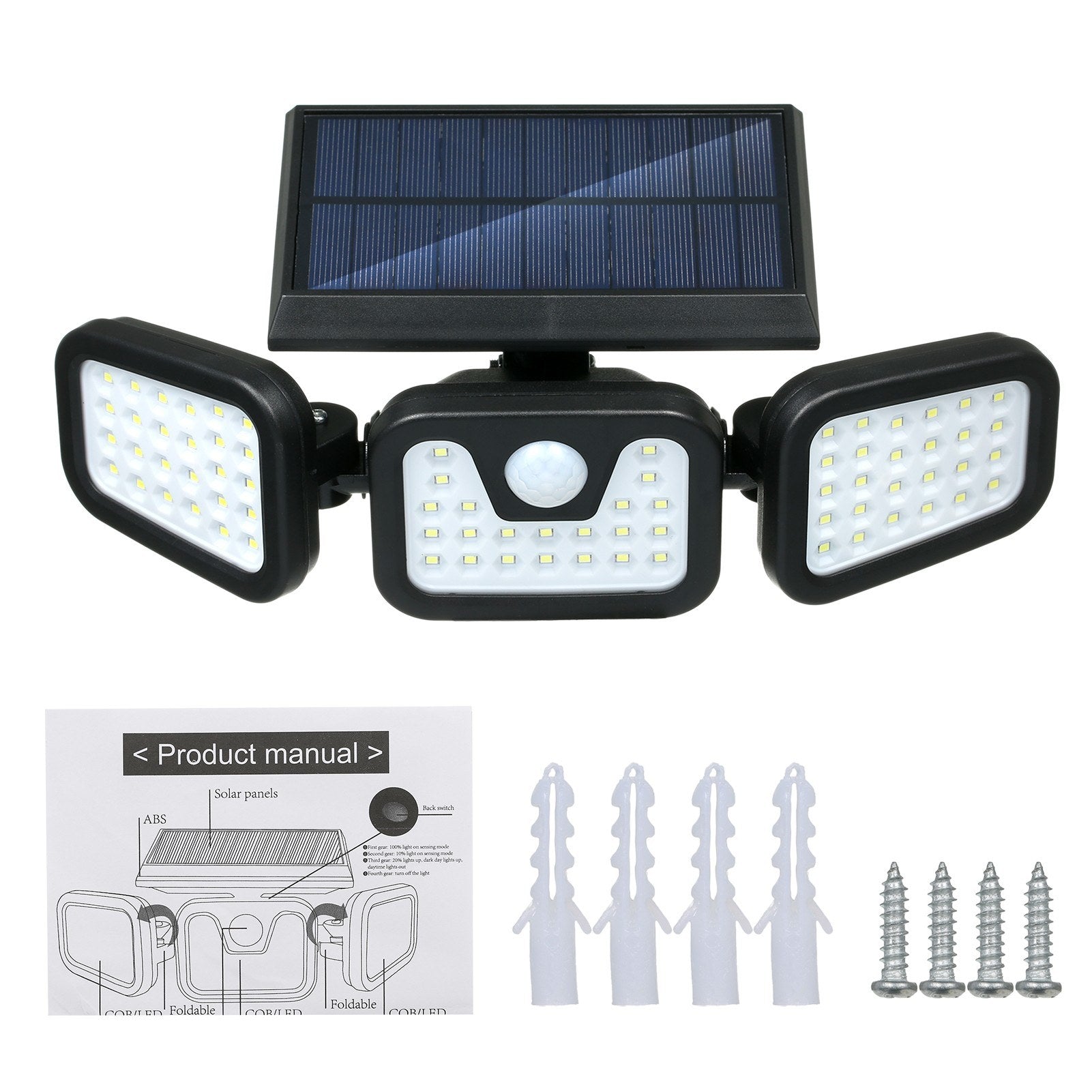Solar Powered Wall Light PIR Motion Sensor 3 Lighting Modes Foldable 3 Heads Flood Lamp