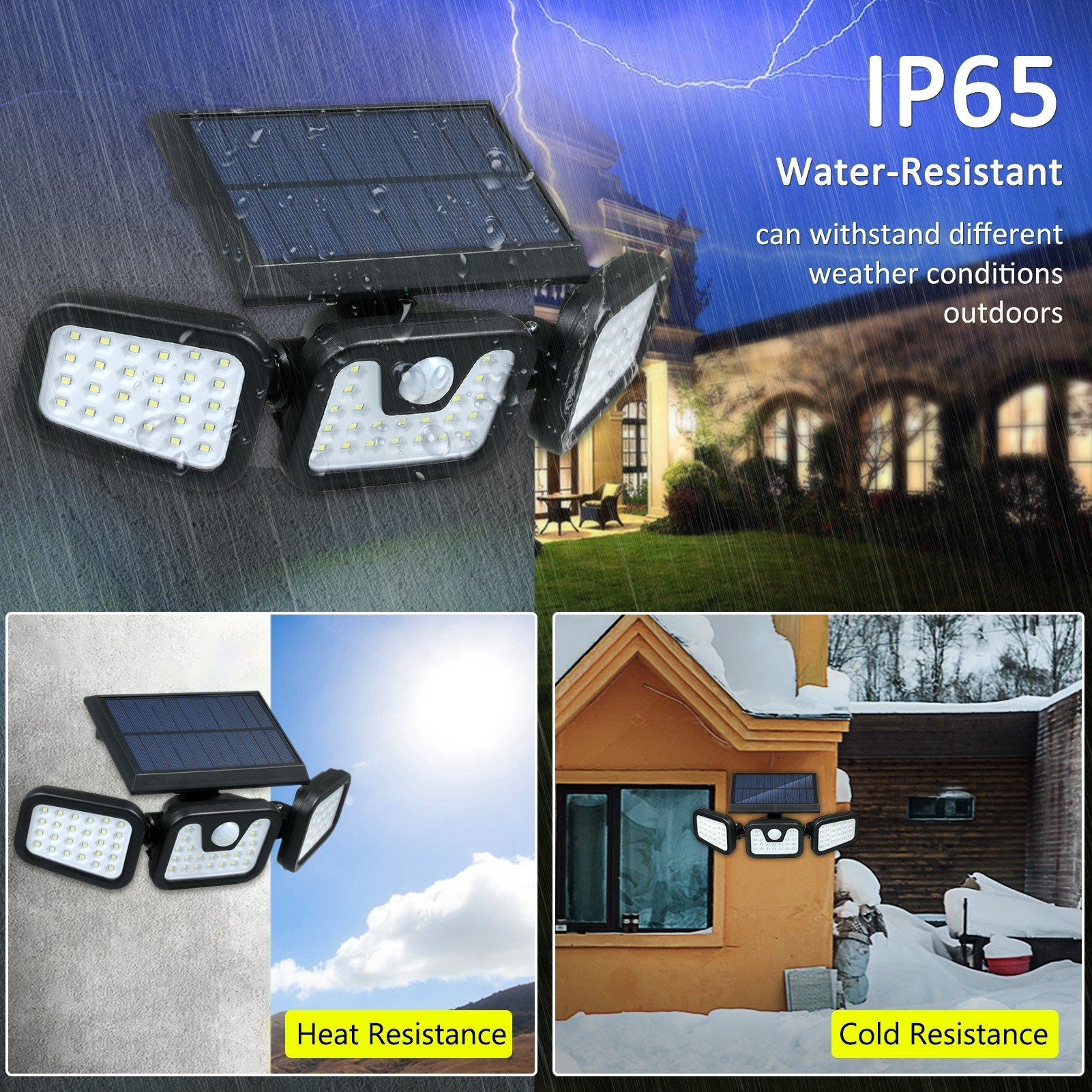 Solar Powered Wall Light PIR Motion Sensor 3 Lighting Modes Foldable 3 Heads Flood Lamp