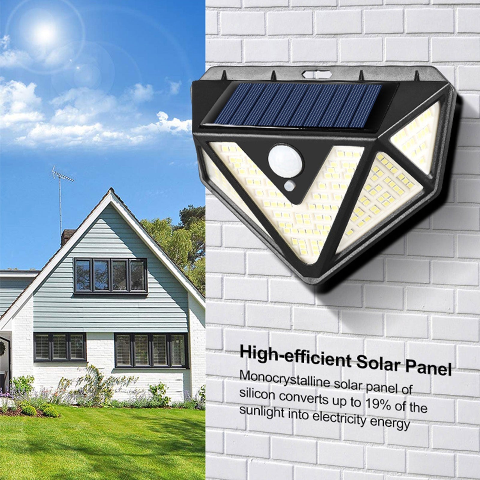 IP65 Solar Body Induction Wall Lamp Patio Stair Light 5 Illumination Surfaces 166 LEDs