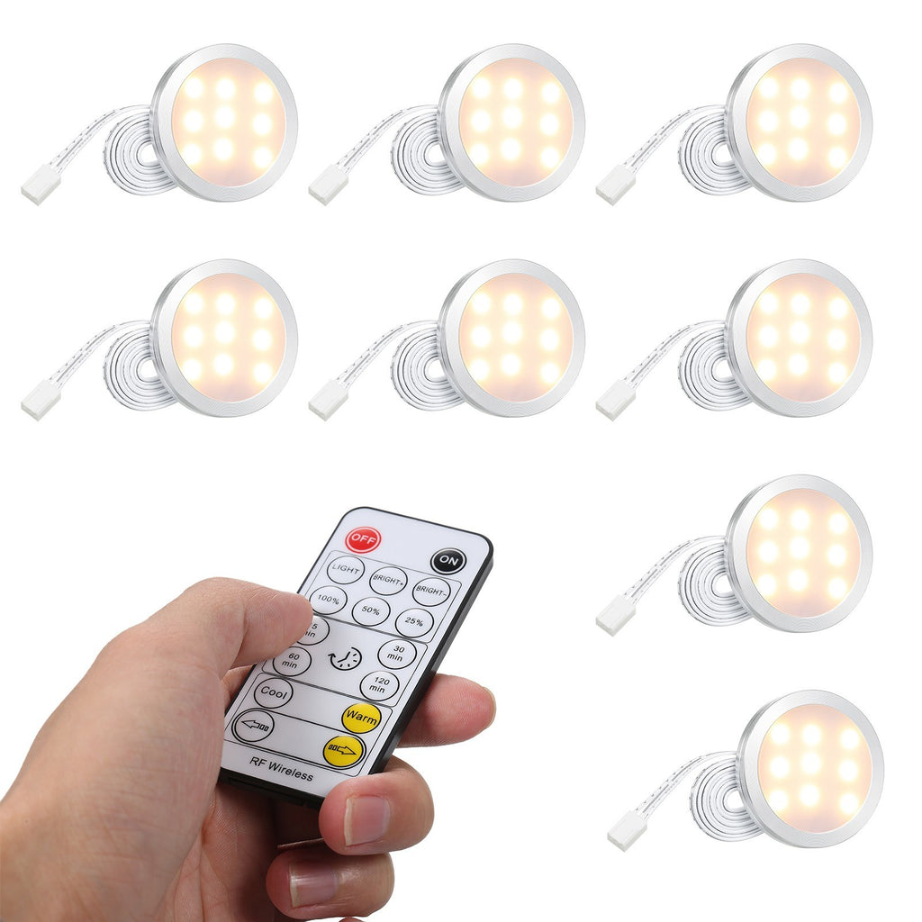 Slim Round Shape LEDs Under Cabinet Light Kit Set Puck Lamp 8PCS