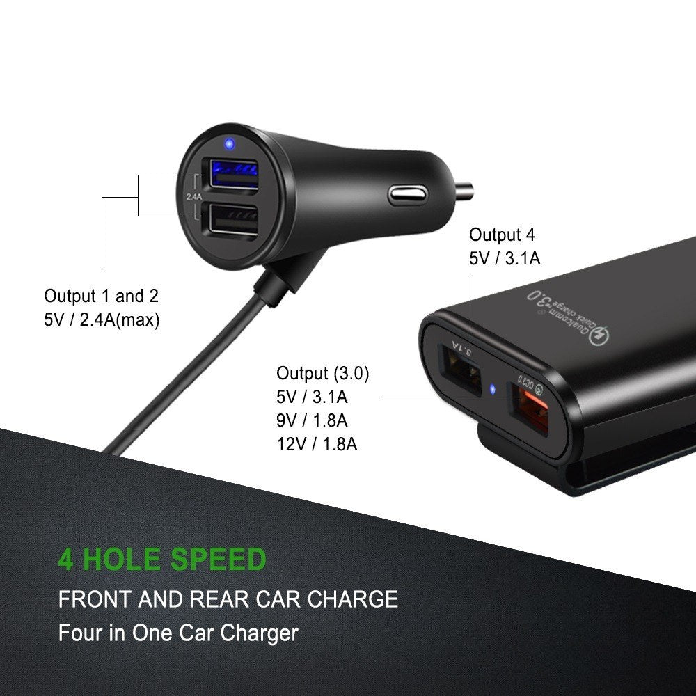 Car Charger 4 In 1 Fast Charger 4 USB Ports 36W 8A Front and Rear Car Fast Charging