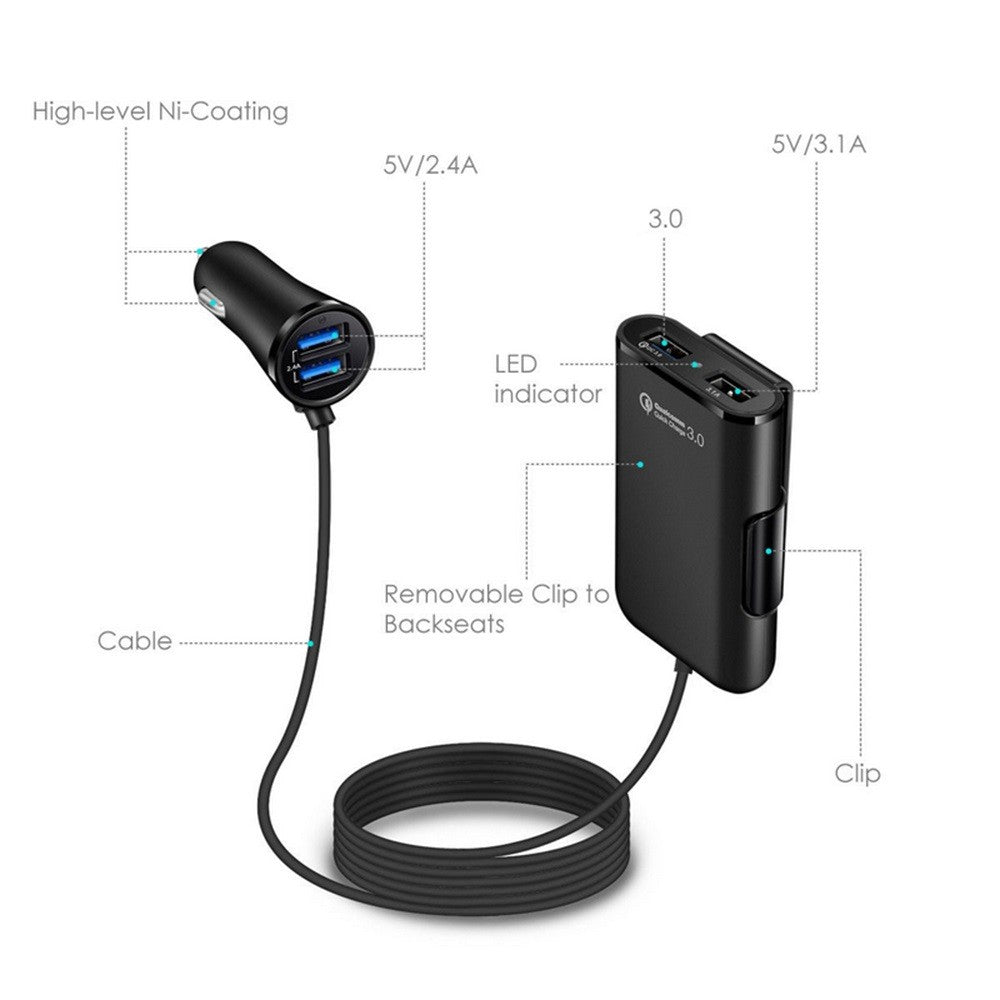 Car Charger 4 In 1 Fast Charger 4 USB Ports 36W 8A Front and Rear Car Fast Charging