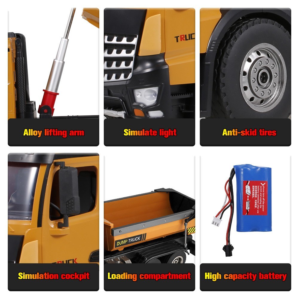 2.4Ghz 1/14 Scale RC Dump Truck Construction Vehicle Toy with LED Lights and Simulation Sound for Kids