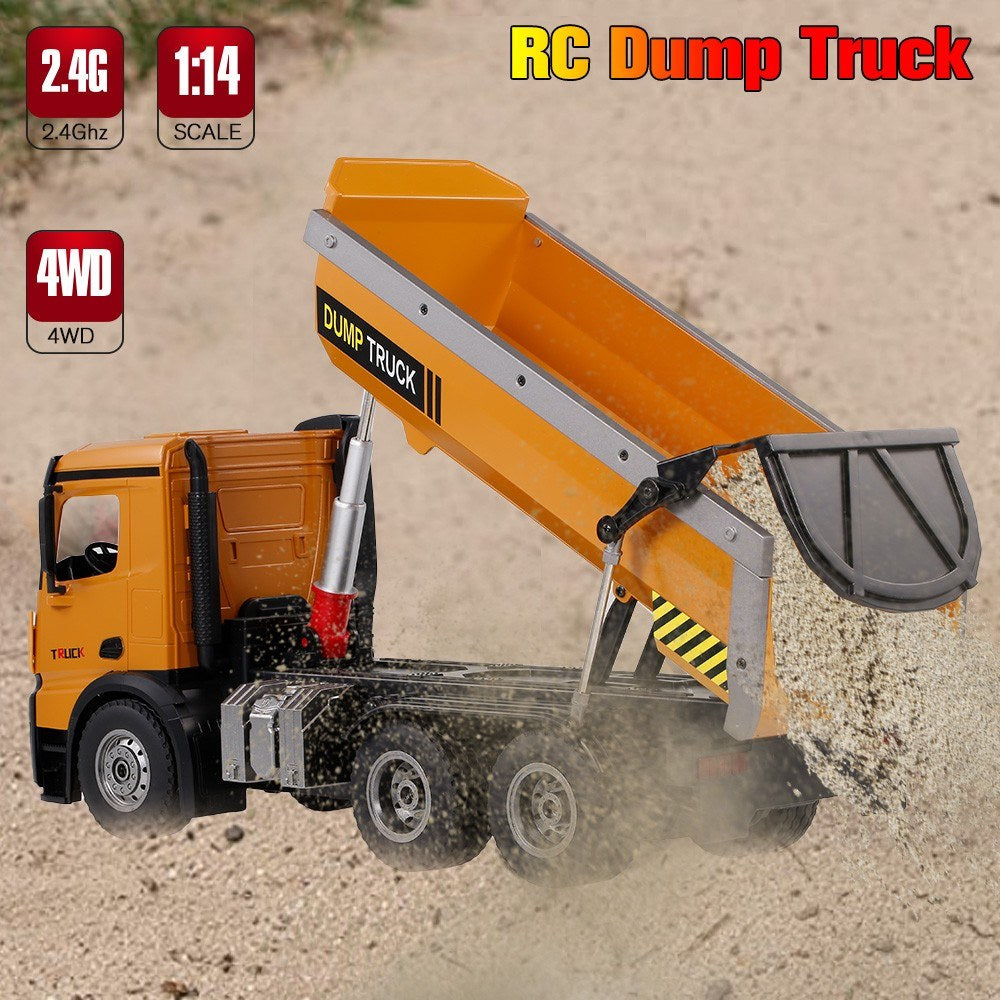 2.4Ghz 1/14 Scale RC Dump Truck Construction Vehicle Toy with LED Lights and Simulation Sound for Kids