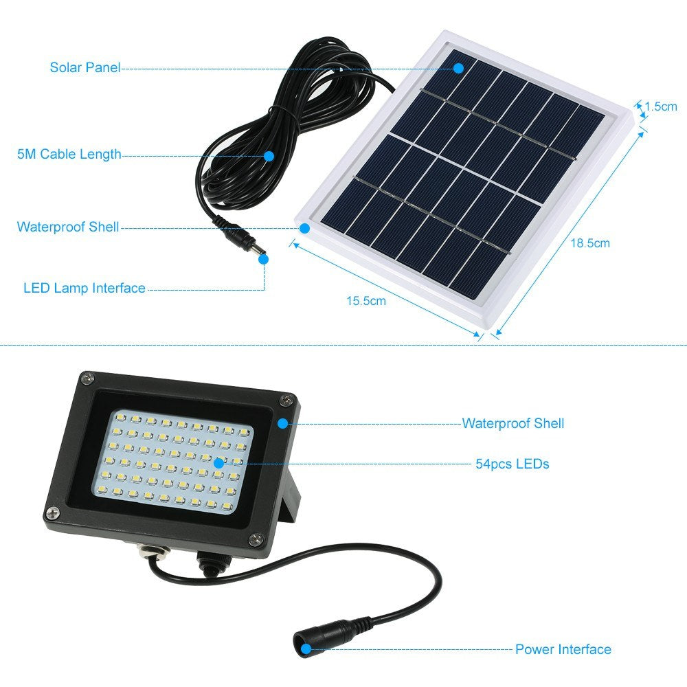 Solar Powered Floodlight 54 LED IP65 Waterproof Lights Outdoor Security with Bracket
