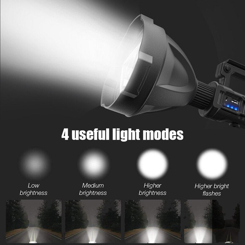 LED Rechargeable Spotlight Super Bright Large Handheld Flashlight For Fishing Camping Working With Tripod