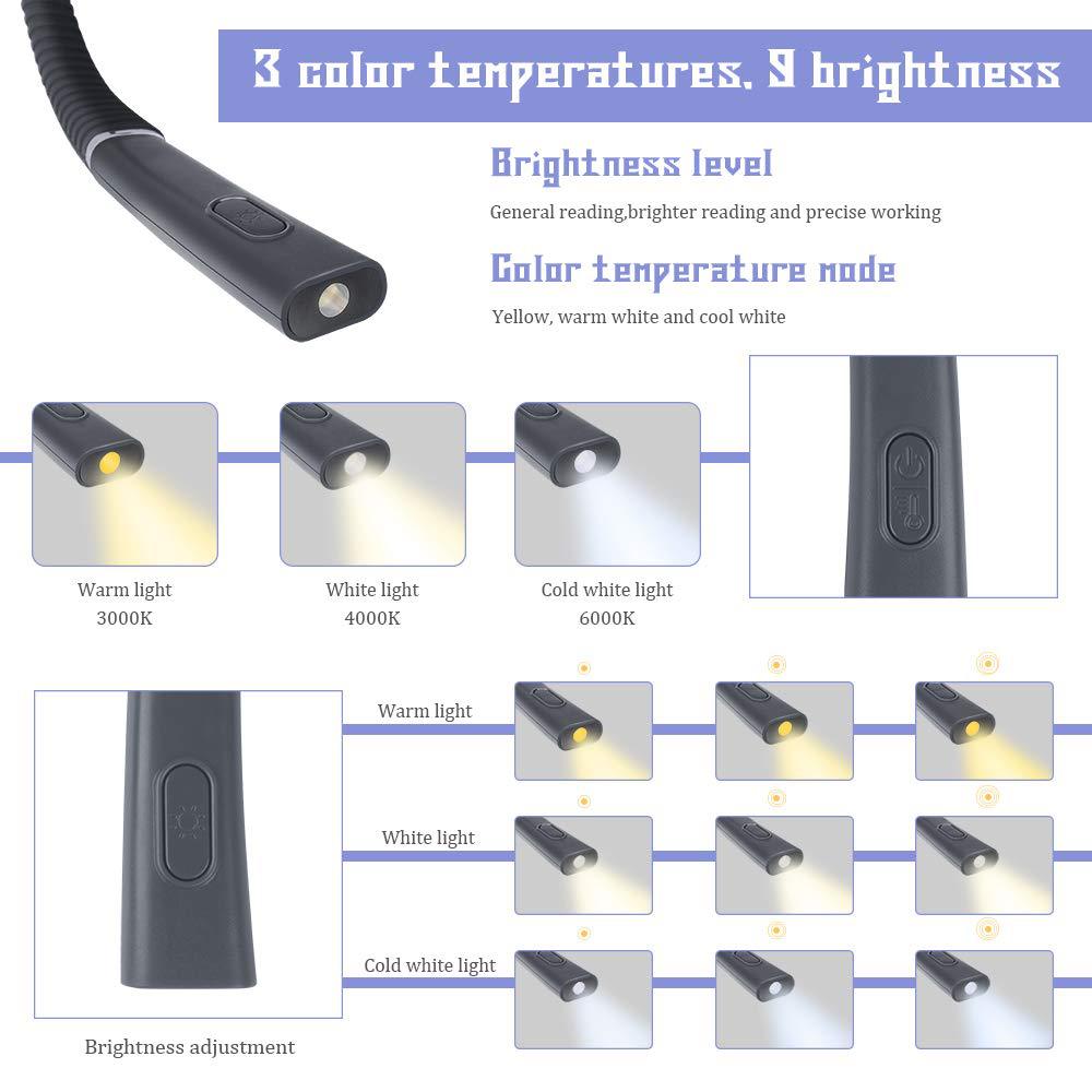 3 Colors 8 LED Flexible Hanging Neck Light Reading Light Rechargeable Book Light for Reading Knitting Camping Repairing Running