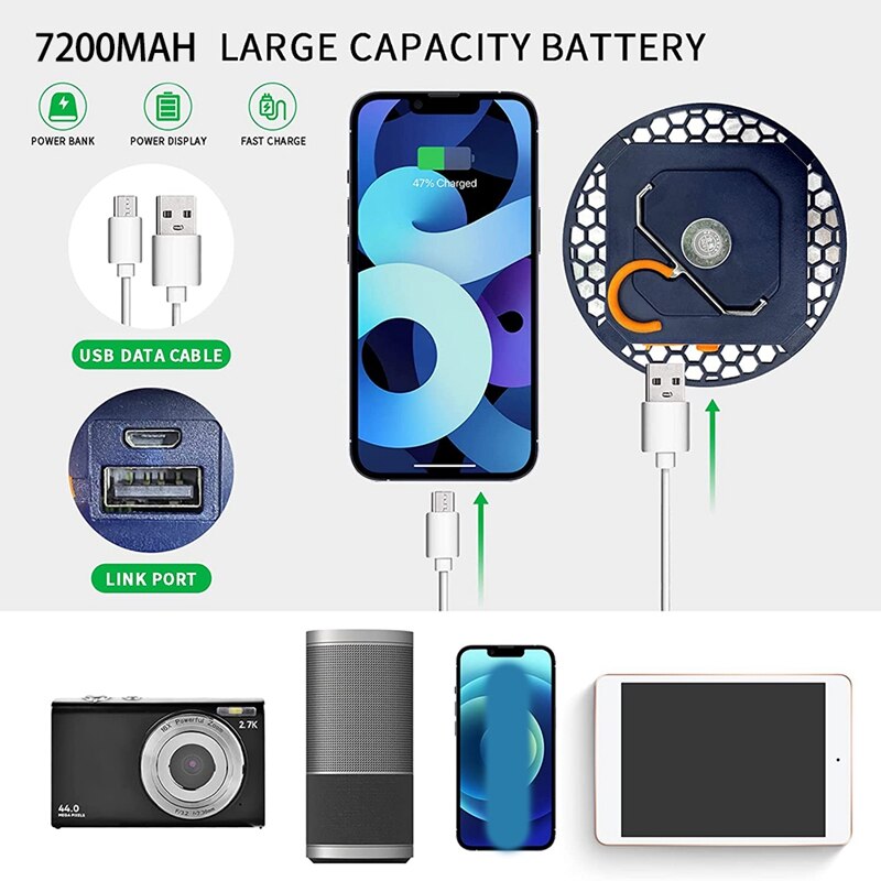 Portable LED Camping Lantern, 7200MAh Tent Light 30W with Hooks, IP65 Waterproof Power Bank Failure Emergency Light