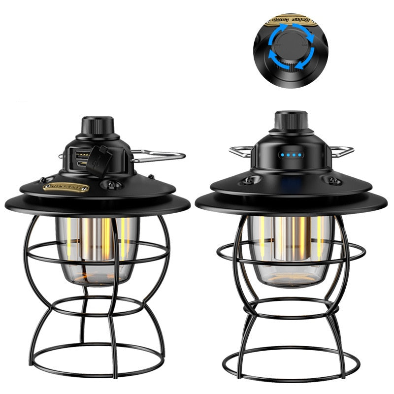 Portable Retro Camping Lantern Rechargeable Metal Handle Flashlight Vintage Warm White Light Outdoor Hanging Tent Light