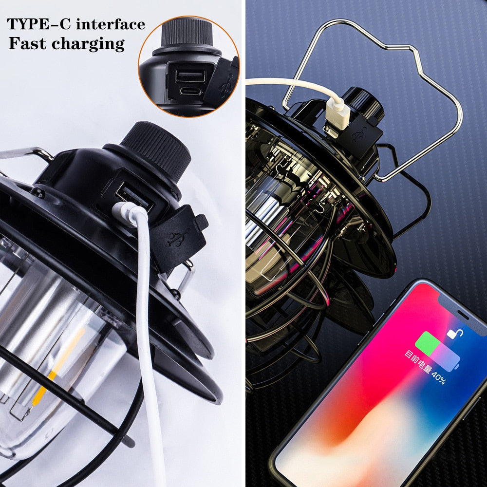Portable Retro Camping Lantern Rechargeable Metal Handle Flashlight Vintage Warm White Light Outdoor Hanging Tent Light
