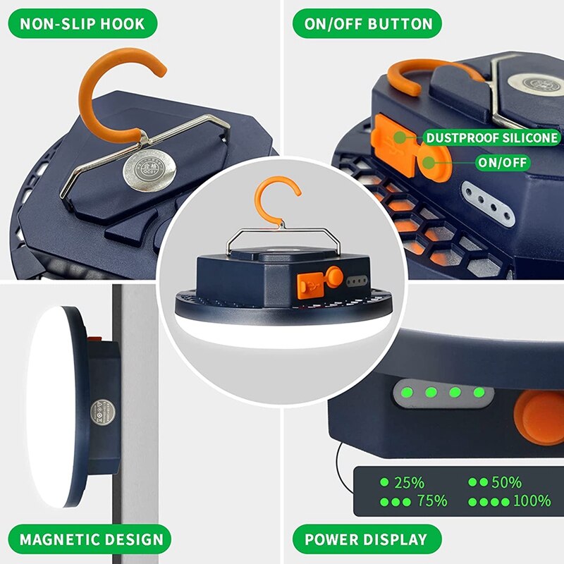 Portable LED Camping Lantern, 7200MAh Tent Light 30W with Hooks, IP65 Waterproof Power Bank Failure Emergency Light